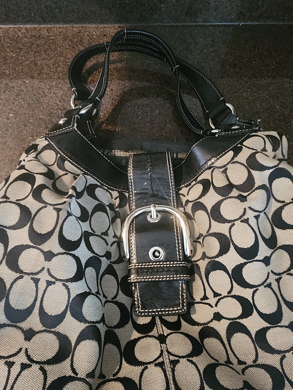 Coach Black & Khaki Signature Buckle Shoulder Bag with Silver Hardware